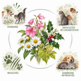 Présentation de l'élixir floral "Conflit" pour chien et chat - Élixirs de Fleurs