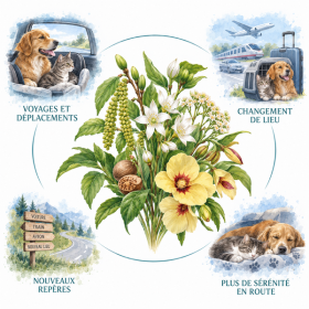Présentation de l'élixir floral "Transport" pour chien et chat - Élixirs de Fleurs